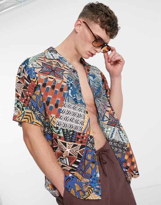 Pull&Bear - Overhemd met vintage print in bruin