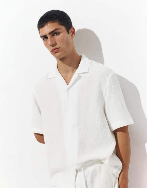 Pull&Bear - Overhemd van crêpestof met korte mouwen in wit, 2 van 4