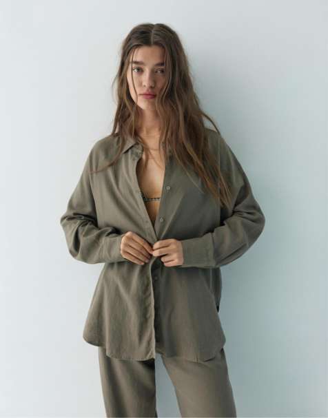 Pull&Bear - Overhemd van linnenmix met lange mouwen in molbruin - view 1