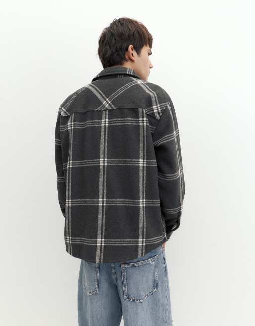 Pull&Bear overshirt a maniche lunghe a quadri nero, 2 di 7