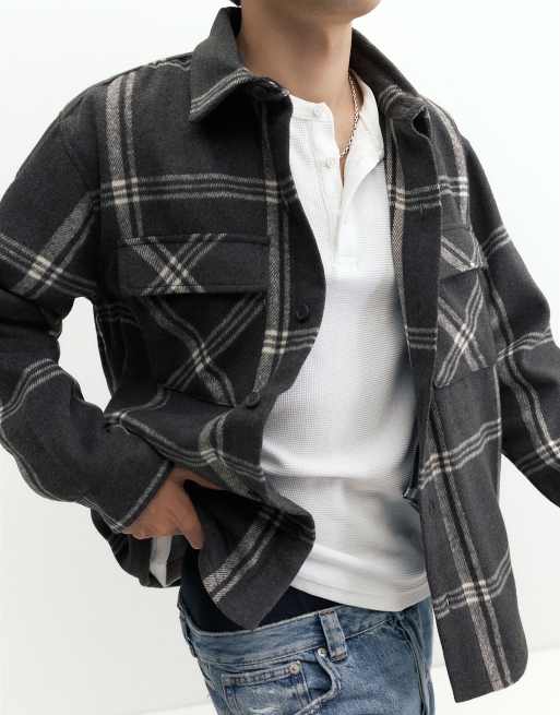 Pull&Bear overshirt a maniche lunghe a quadri nero, 3 di 7