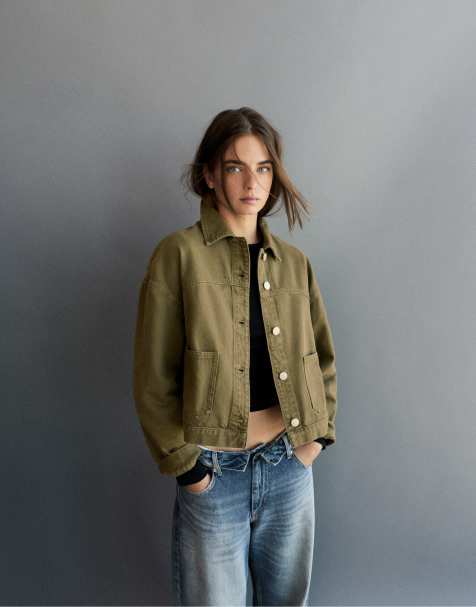 Pull&Bear overshirt boxy in denim kaki - view 1