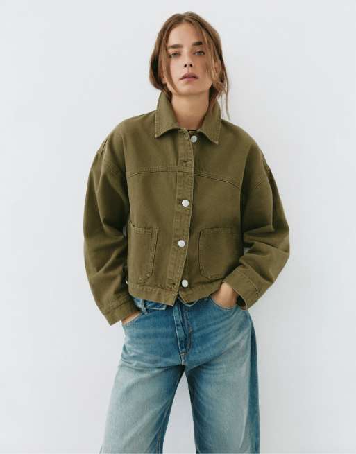 Pull&Bear overshirt boxy in denim kaki, 2 di 7