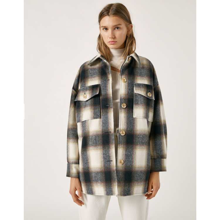 HOODED PLAID OVERSHIRT - Ecru / Brown