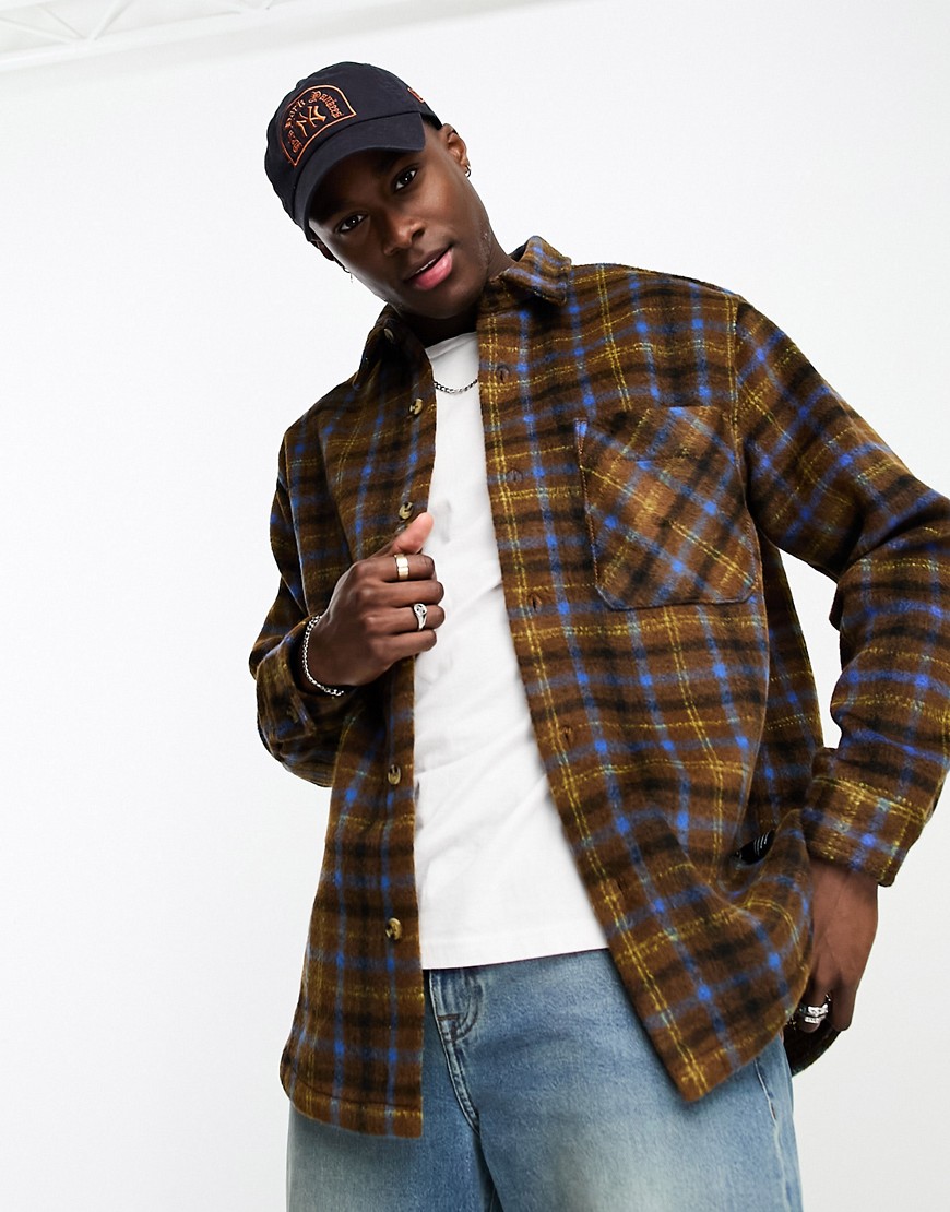 Pull & Bear overshirt with check in brown and yellow-Neutral