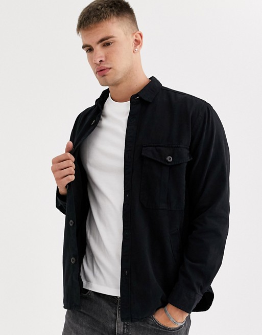 Pull&Bear overshirt with front pockets in Black
