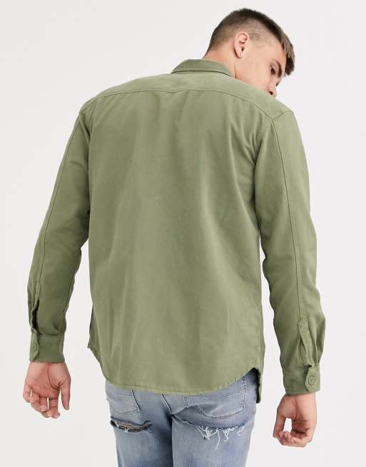 Pull&Bear overshirt with front pockets in khaki, 2 of 4