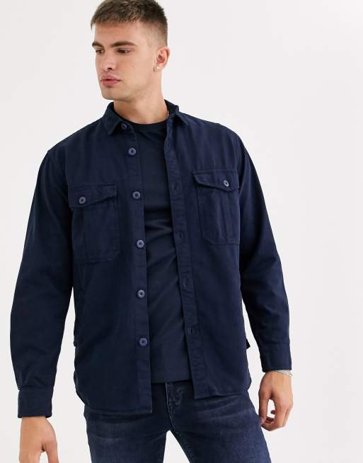 Pull&Bear overshirt with front pockets in navy | ASOS