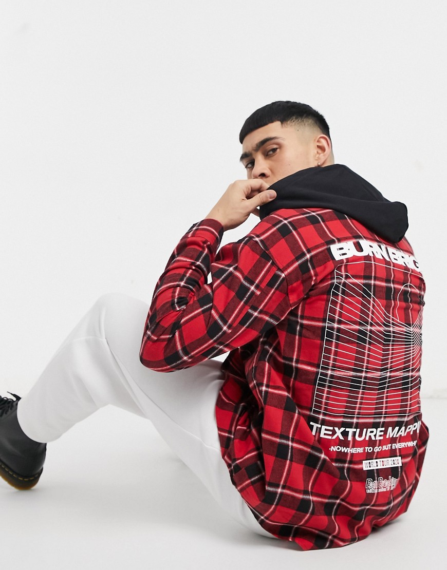 Pull & Bear overshirt with jersey hood in red plaid