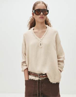 Pull & Bear - Oversize-Bluse in Sandbeige mit Stehkragen-Neutral