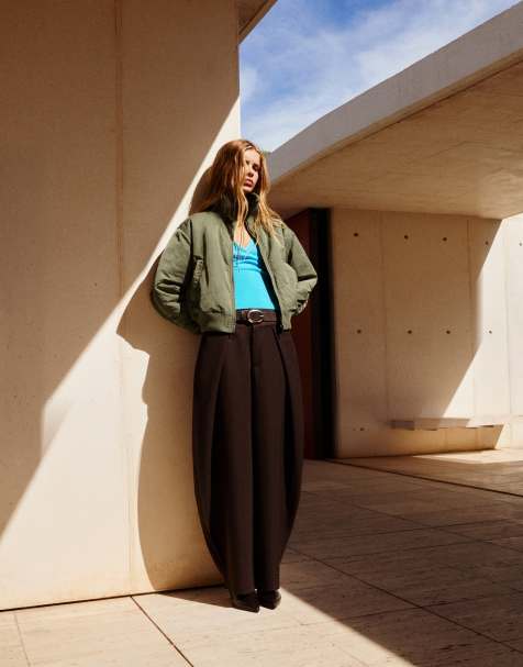 Pull&Bear oversize bomberjacka med hög krage i khaki - view 1