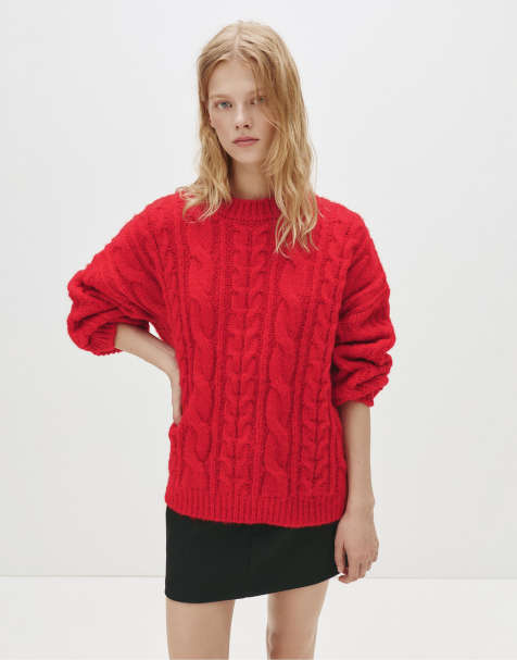 Pull&Bear Oversize cable-knit sweater in red - view 1