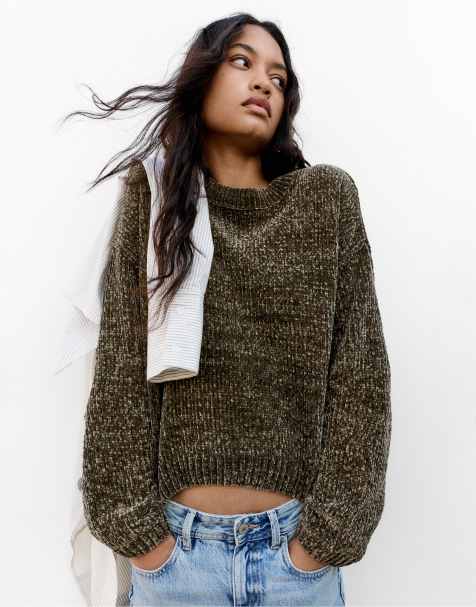 Pull&Bear Oversize chenille sweater in dark khaki - view 1