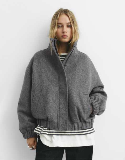 Pull&Bear Oversize felt texture cropped jacket in dark marl - view 1