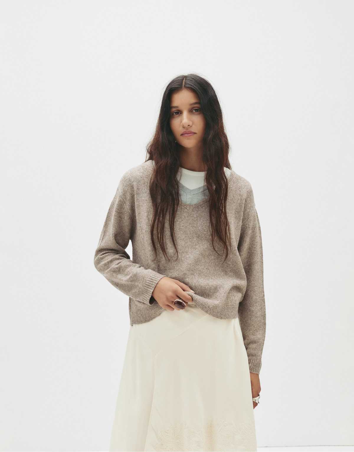 Pull&Bear Oversize fine knit sweater in brown marl
