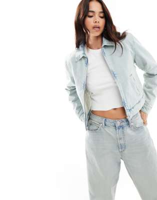 Pull & Bear - Oversize-Jeansjacke in blauer Dirty-Waschung