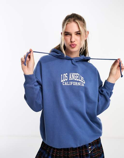 Pull&Bear – Oversize-Kapuzenpullover in Blau mit „Los Angeles“-Rückenprint im College-Look
