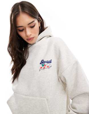 Pull & Bear - Oversize-Kapuzenpullover in meliertem Grau mit „STWD"- und Pizza-Print