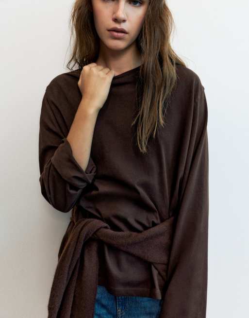 Pull&Bear Oversize Langarm-T-Shirt in Braun, 4 von 7