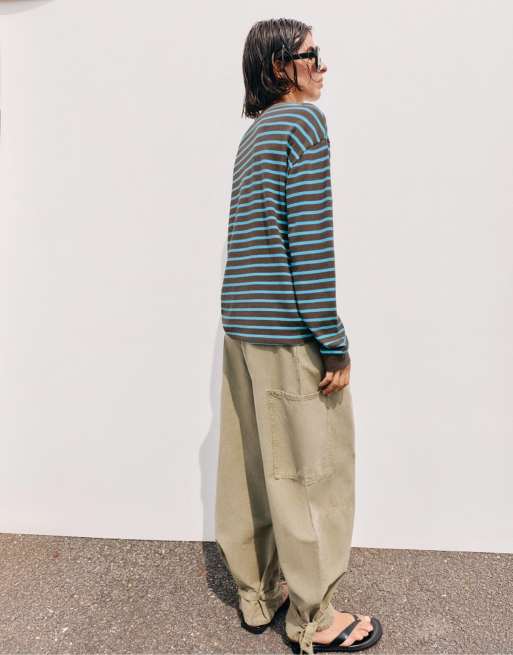 Pull&Bear oversize långärmad randig t-shirt i brun, 2 av 7