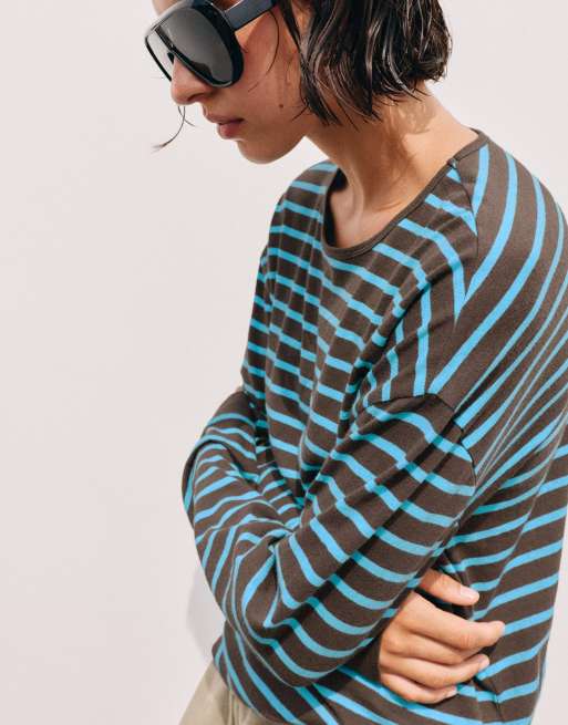 Pull&Bear oversize långärmad randig t-shirt i brun, 3 av 7
