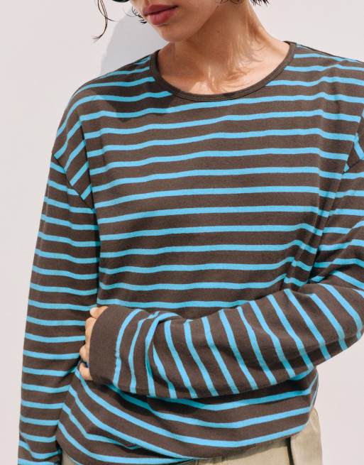 Pull&Bear oversize långärmad randig t-shirt i brun, 5 av 7