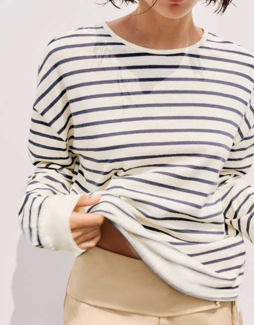 Pull&Bear oversize långärmad randig t-shirt i vanilj, 5 av 7