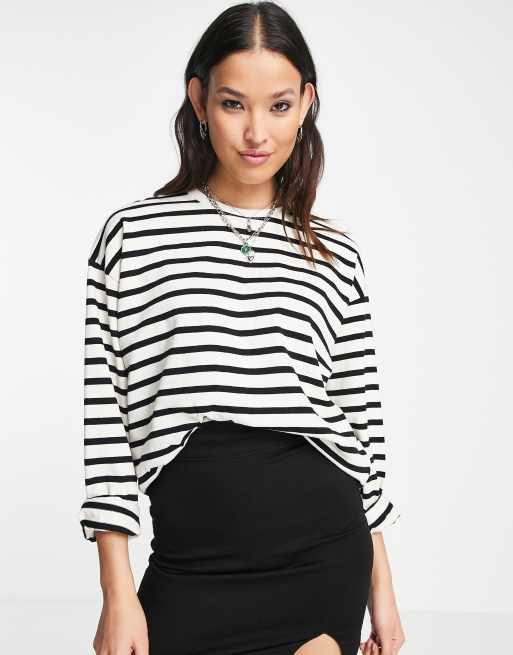 Pull&Bear – Oversize-Langarmshirt in Weiß mit Streifendetail