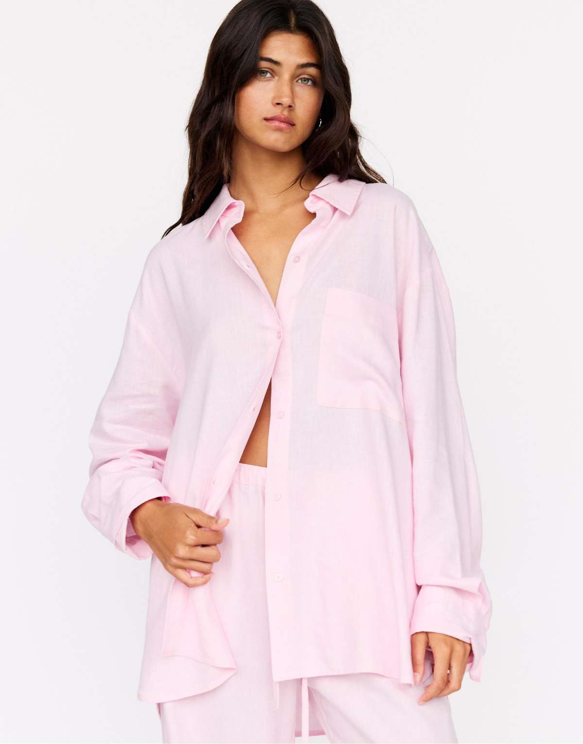 Pull&Bear Oversize linen blend shirt in rose pink