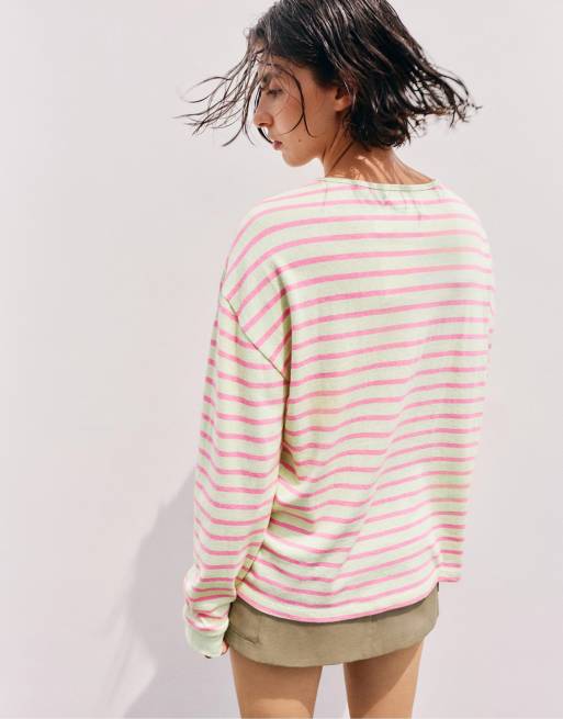 Pull&Bear Oversize long sleeve striped t-shirt in lime, 2 of 7