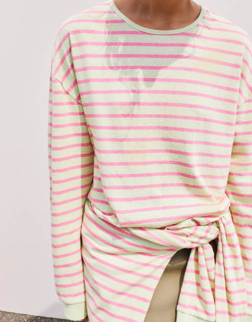 Pull&Bear Oversize long sleeve striped t-shirt in lime, 3 of 7