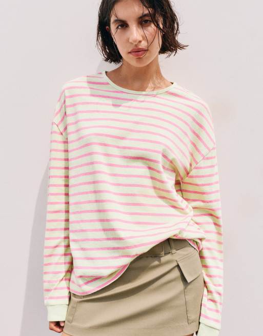 Pull&Bear Oversize long sleeve striped t-shirt in lime, 5 of 7