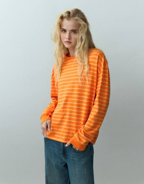 Pull&Bear Oversize long sleeve striped t-shirt in orange - view 1