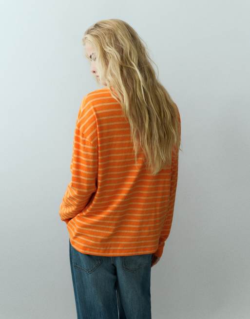 Pull&Bear Oversize long sleeve striped t-shirt in orange, 2 of 7