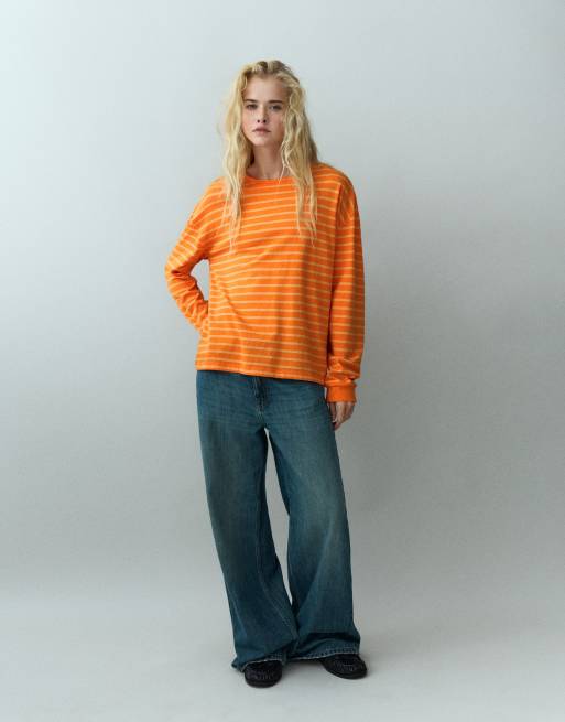 Pull&Bear Oversize long sleeve striped t-shirt in orange, 4 of 7