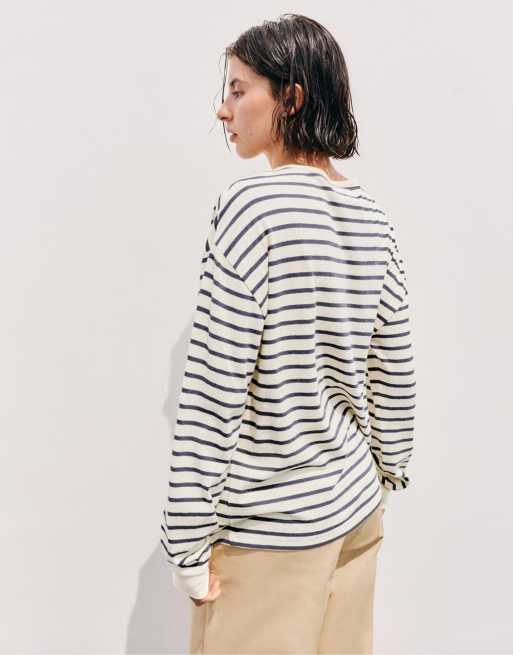 Pull&Bear Oversize long sleeve striped t-shirt in vanilla, 2 of 7