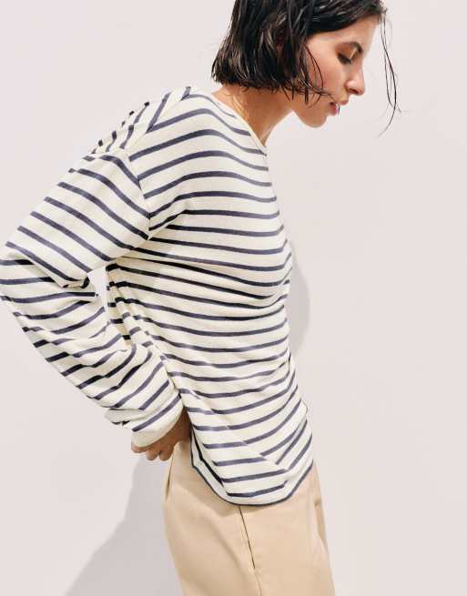 Pull&Bear Oversize long sleeve striped t-shirt in vanilla, 4 of 7