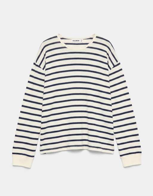 Pull&Bear Oversize long sleeve striped t-shirt in vanilla, 6 of 7