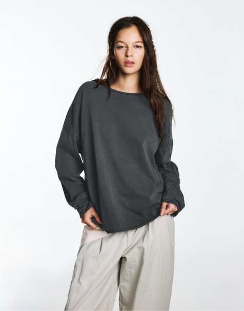 Pull&Bear Oversize long sleeve t-shirt in dark grey - view 1