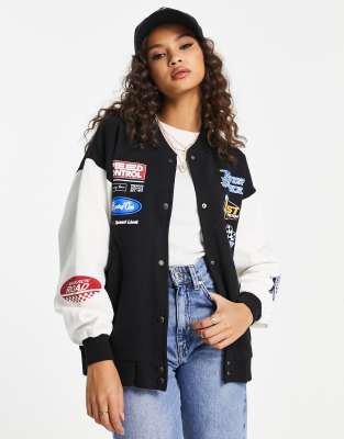 Pull & Bear - Oversize Motocross-Jacke in Schwarz-Blau