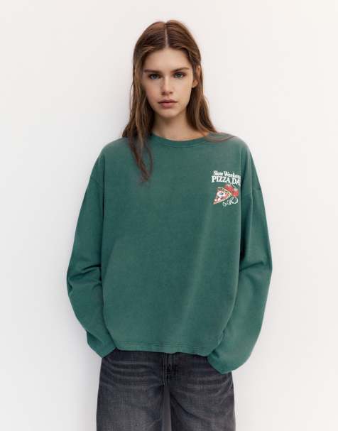Pull&Bear Oversize pizza graphic t-shirt in green - view 1