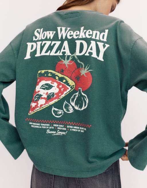 Pull&Bear Oversize pizza graphic t-shirt in green, 2 of 7