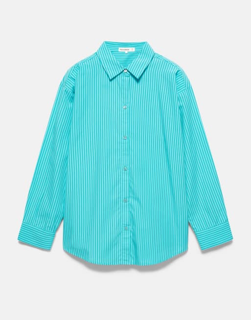 Pull&Bear oversize randig skjorta i turkos, 4 av 6