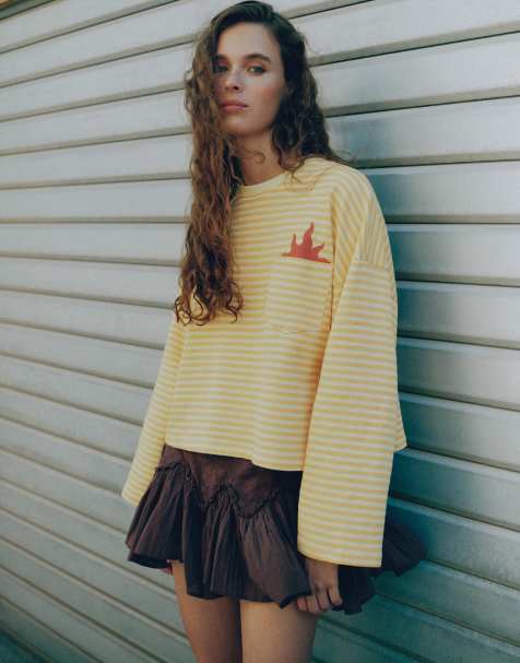 Pull&Bear oversize randig sweatshirt med grafik i gult - view 1