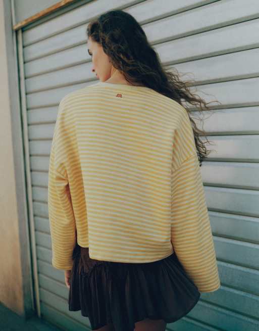Pull&Bear oversize randig sweatshirt med grafik i gult, 2 av 7