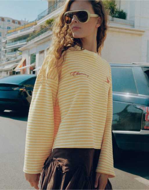 Pull&Bear oversize randig sweatshirt med grafik i gult, 5 av 7
