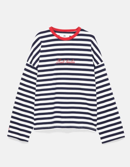 Pull&Bear oversize randig t-shirt med text i isblått, 5 av 7