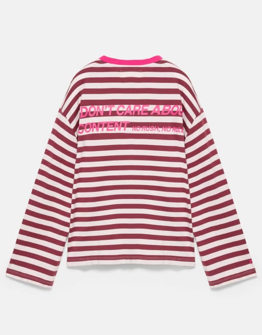 Pull&Bear oversize randig t-shirt med text i ljusrosa, 5 av 5