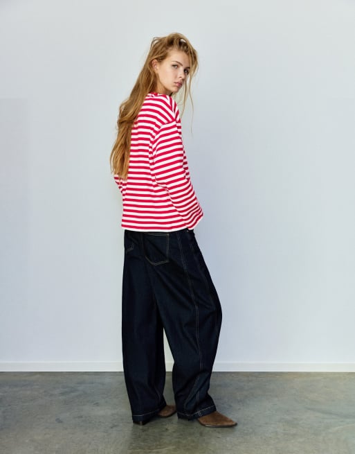 Pull&Bear oversize randig t-shirt med text i rött, 2 av 7