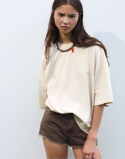 Pull&Bear Oversize short sleeve sweatshirt in beige - view 1
